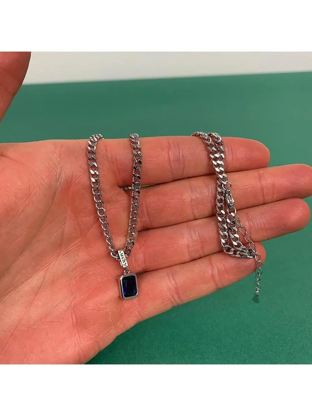 Cyber Sterling silver blue jewel pendant Cuban link choker necklace. Chain is